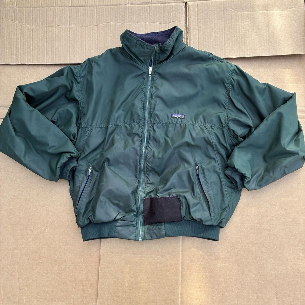 VTG 90s Patagonia Green Nylon Bomber Jacket Zip Made in USA fleece lined Mens L